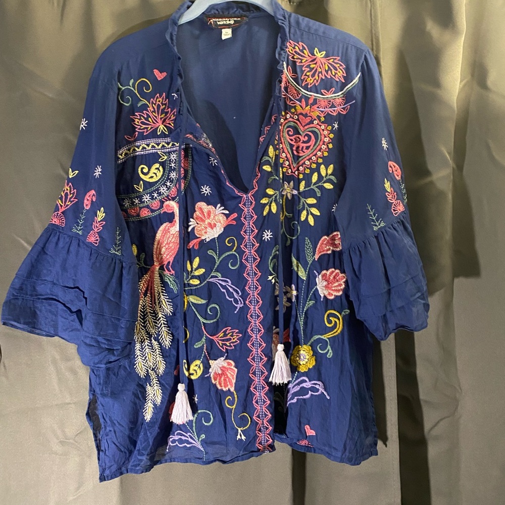 Johnny Was Navy Floral Embroidered Blouse
